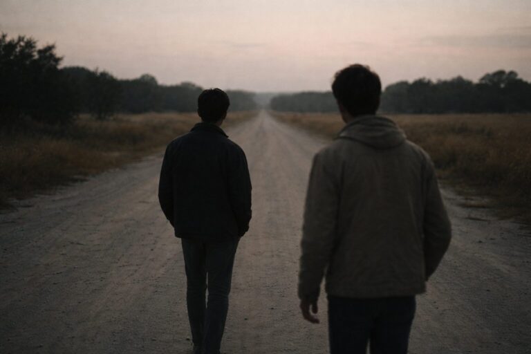 Two people seen from behind as they walk down a country, with one just arriving to join the other