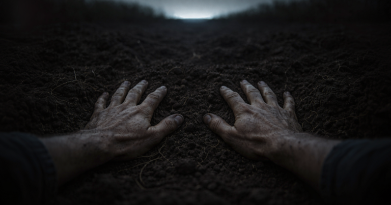 Two hands pressing into fresh dug soil as a light emerges over the dark horizon
