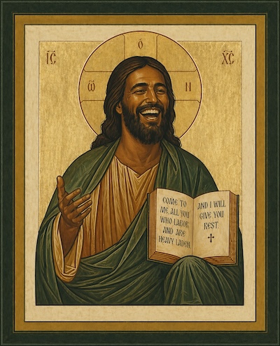 Icon depicting a laughing Christ in green robes holding an open Bible