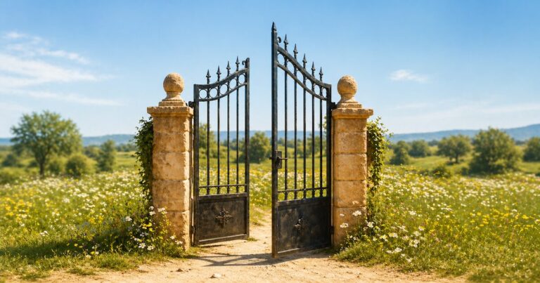 A wrought iron gate stands open between two stone pillars in a sunlit meadow with no walls