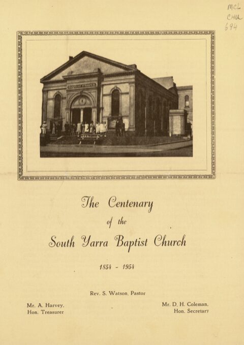 The cover of a booklet marking the 1954 centenary of the South Yarra Baptist Church