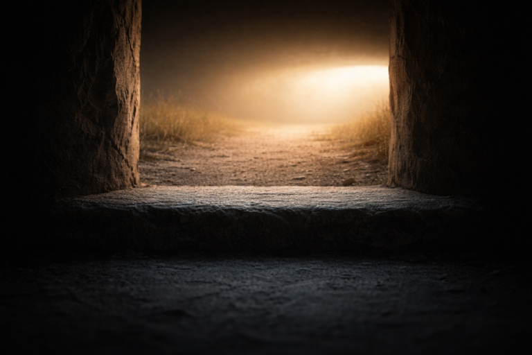 A floor level view over a stone threshold with a light emerging on the horizon