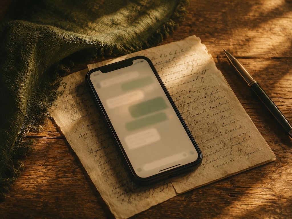 Phone with onscreen chat sitting on handwritten letter
