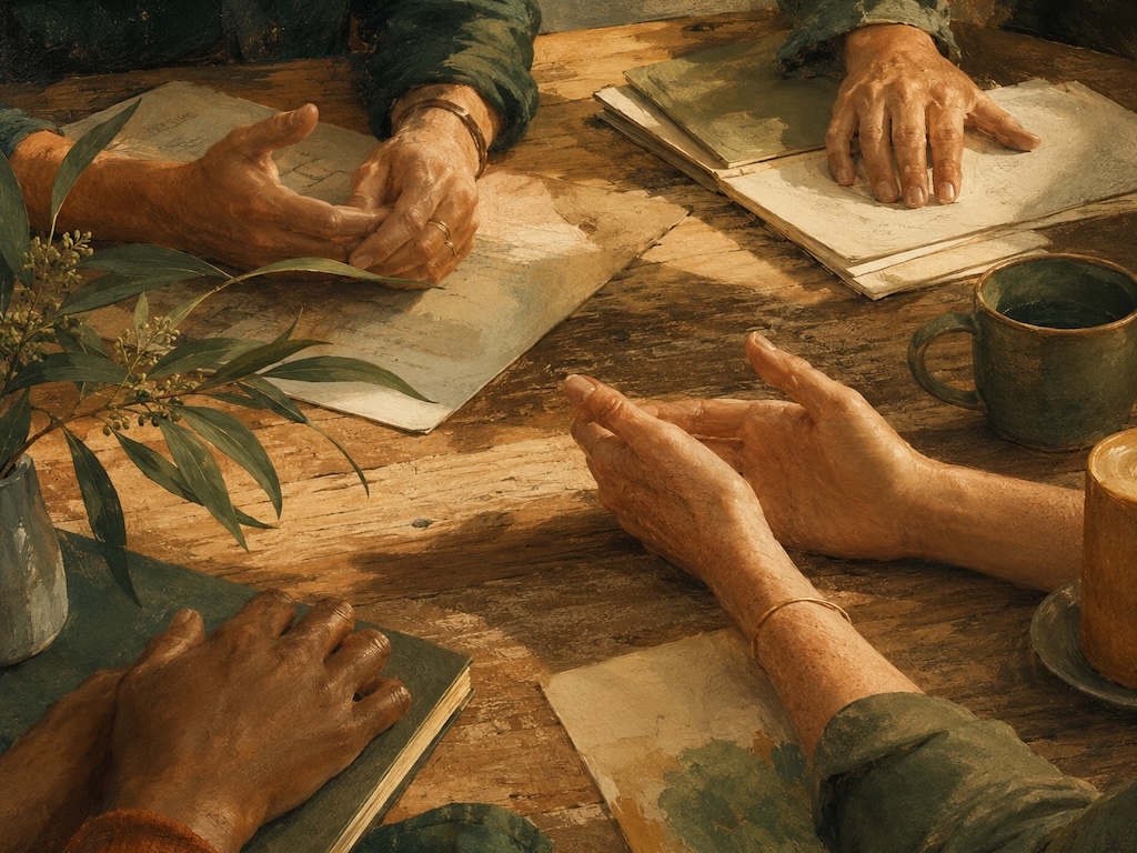 Close-up of hands on a meeting desk