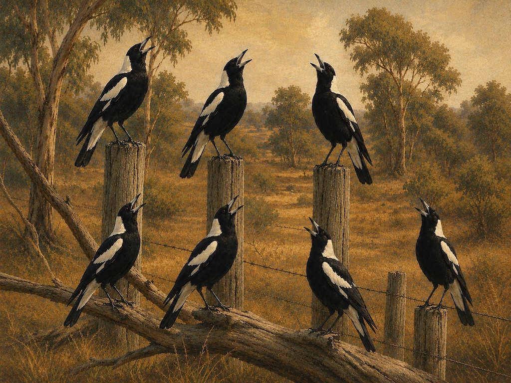 Magpies carolling on fence posts