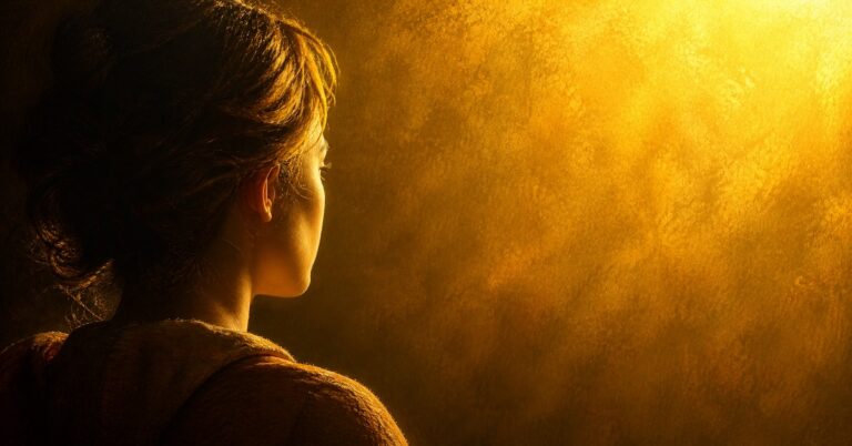 A person, seen from behind, looking into a bright golden reflection in soft light